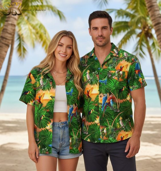 Tropical Parrot Mens Green Hawaiian Shirt with Palm Leaves and Sunset Print