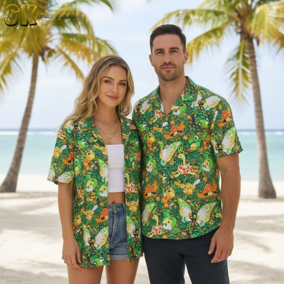 Green aloha shirt with dense tropical butterfly pattern featuring orange and yellow accents on green background