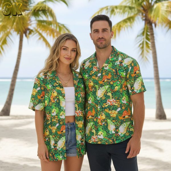 Dark Green Hawaiian Shirt with Moths and Mushrooms - Nature Print Aloha Shirt