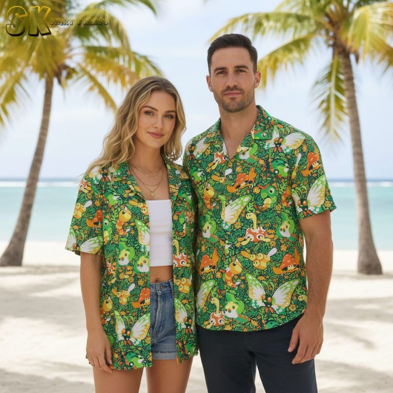 Dark Green Hawaiian Shirt with Moths and Mushrooms – Nature Print Aloha Shirt