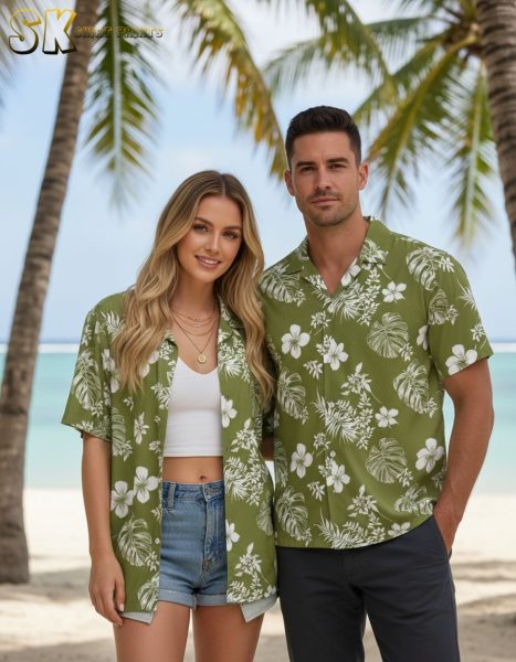 Mint Green Hawaiian Shirt - White Tropical Floral Print for Women