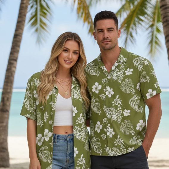 Green aloha shirt displaying white tropical flowers and monstera leaf patterns