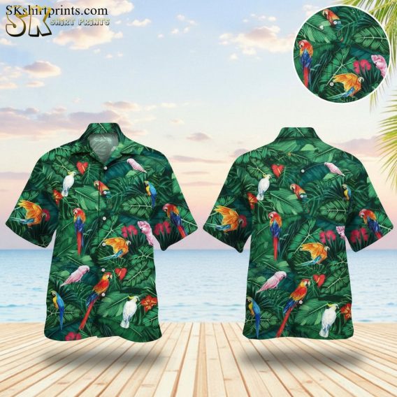 Green aloha shirt featuring colorful parrots and red flowers on tropical leaves