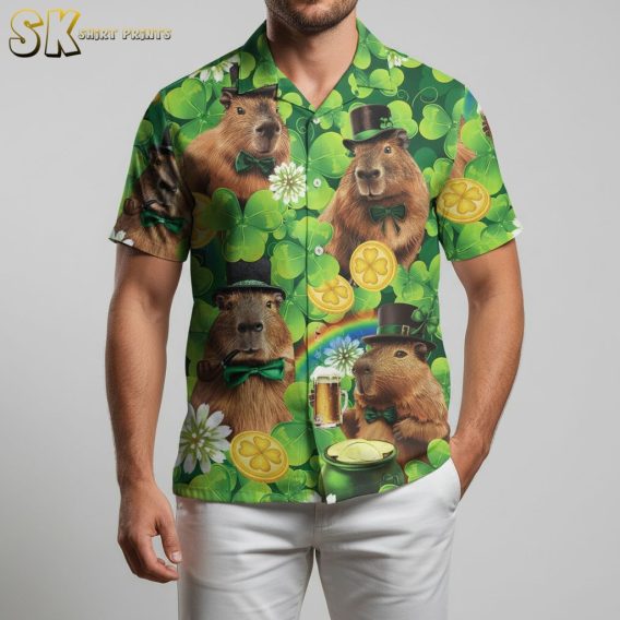 Green and black Hawaiian shirt with capybaras wearing black top hats and green accents