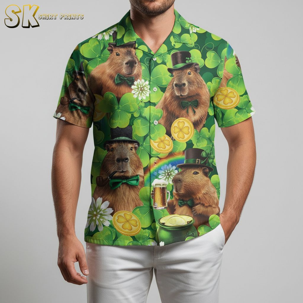Green and black Hawaiian shirt with capybaras wearing black top hats and green accents