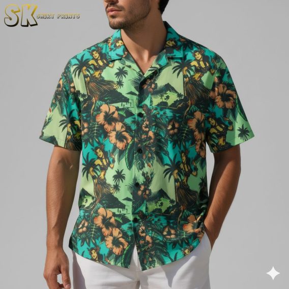 Green and black Hawaiian shirt with tropical foliage and palm tree design