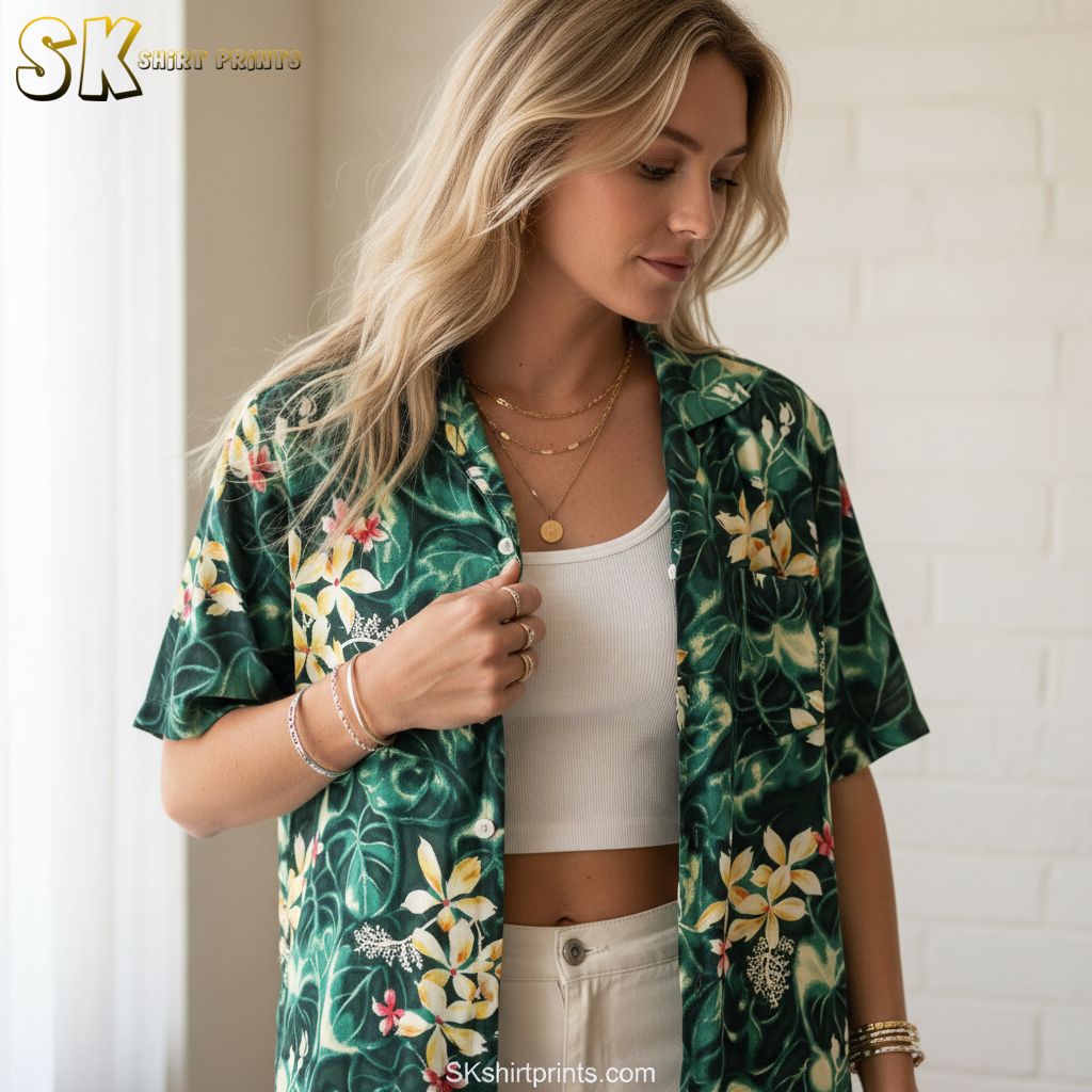 Green and pink Hawaiian shirt with tropical leaves and pink flower accents scattered across the pattern