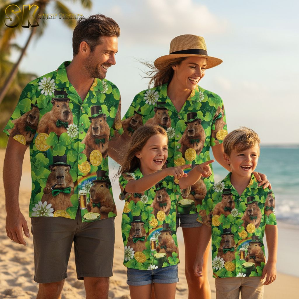 Green and yellow Hawaiian shirt featuring golden coins and yellow rainbow details with capybara design