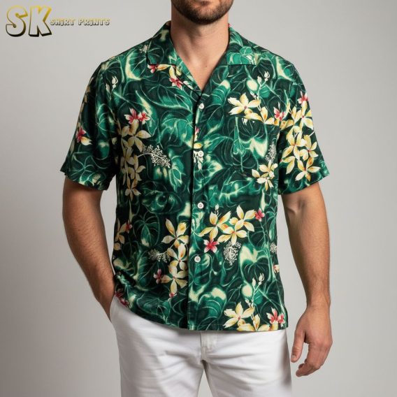 Green and yellow Hawaiian shirt displaying tropical leaves with bright yellow flower clusters