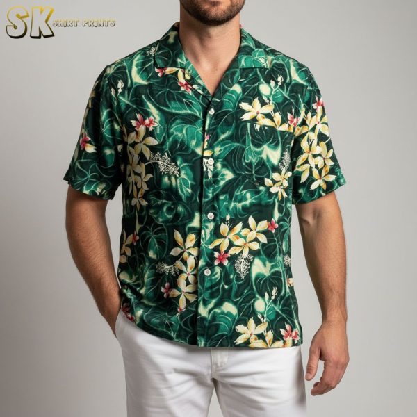 Tropical Leaf Print Green Hawaiian Shirts for Men - Yellow Flower Design
