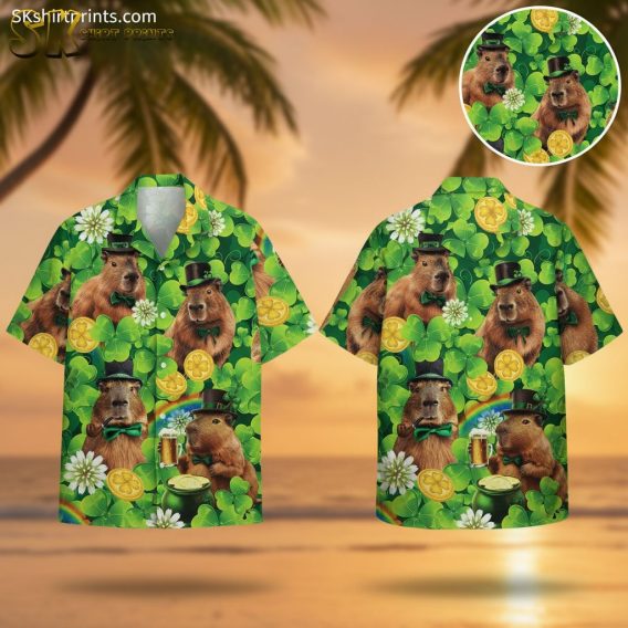 Green Hawaiian shirt featuring capybaras in black top hats and green bow ties with shamrocks and beer mugs