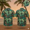 Green Hawaiian shirt for men with palm trees and hibiscus flowers tropical print
