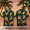 Green Hawaiian shirt for men featuring cartoon hot dogs with sunglasses and hibiscus flowers