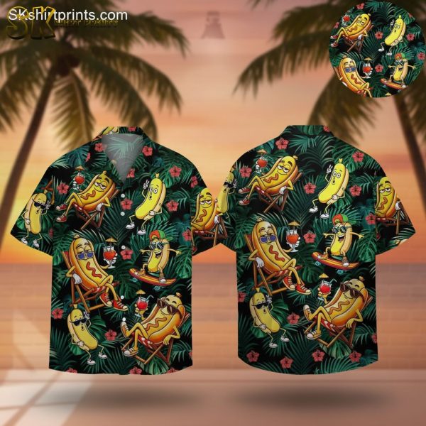 Hot Dog Paradise Green Hawaiian Shirt Mens - Funny Food Print Tropical Button Up