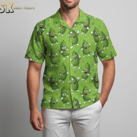 Green Hawaiian shirt for women displaying expressive pickle characters with faces in various poses