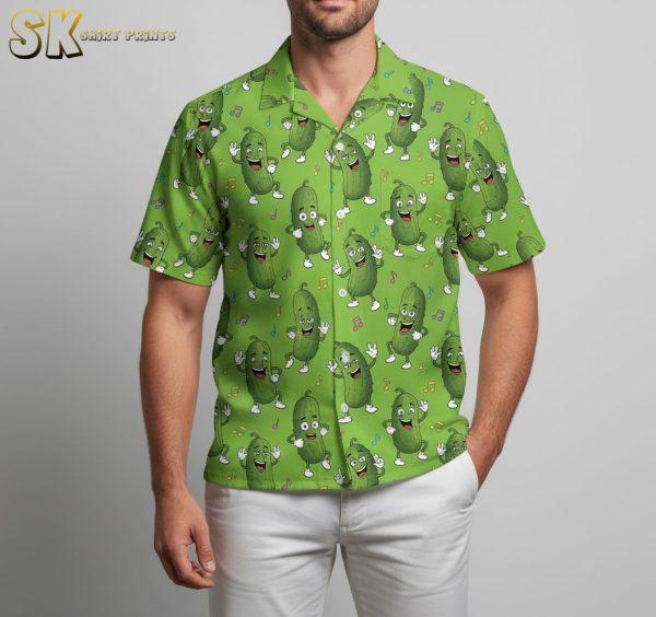 Dancing Pickles Womens Green Hawaiian Shirt - Cartoon Character Print Aloha Blouse