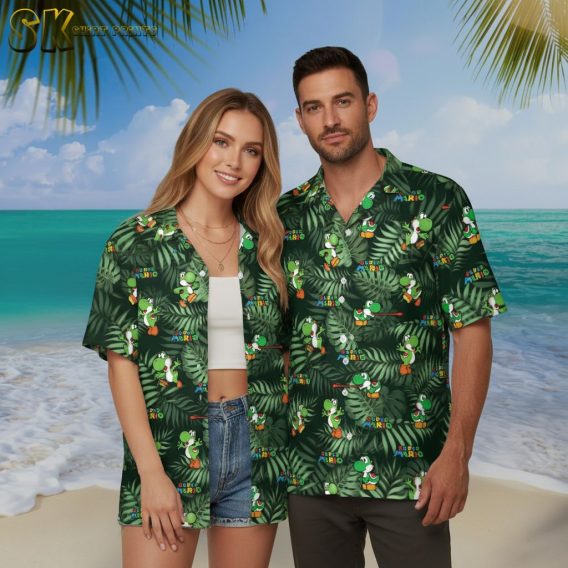 Green Hawaiian shirt in womens cut showing Super Mario characters repeated across large tropical leaf pattern