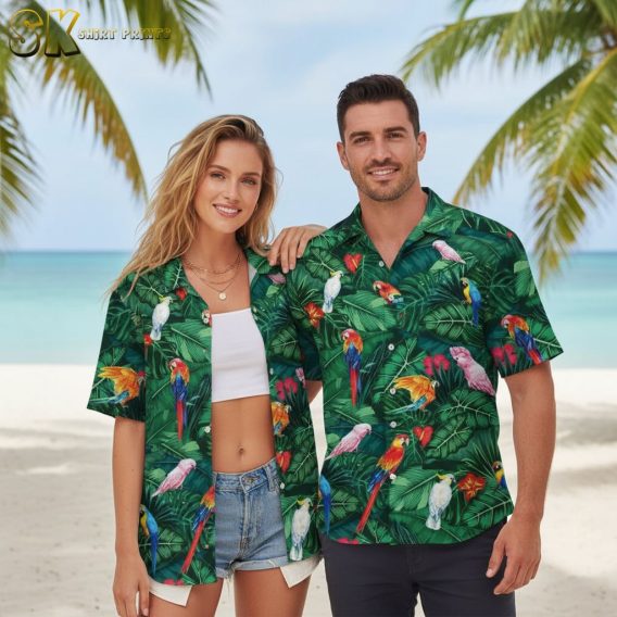 Green Hawaiian shirt womens style with colorful tropical birds and flower details