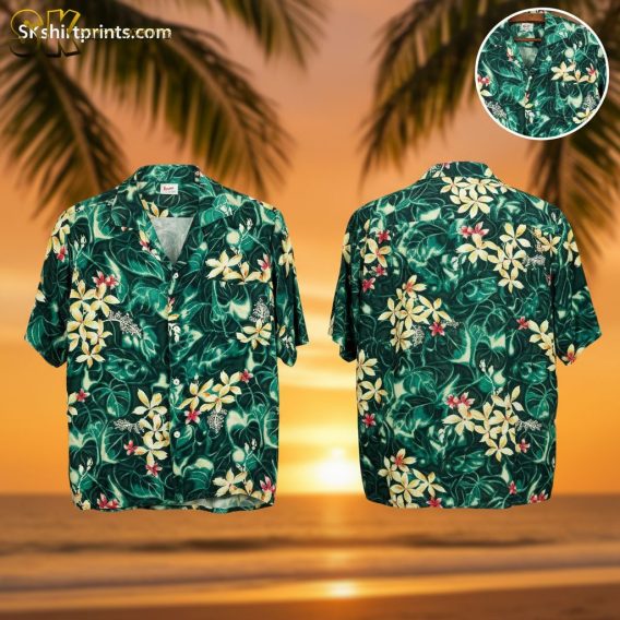 Green Hawaiian shirts for men featuring large tropical leaves with yellow and white flowers and red accents