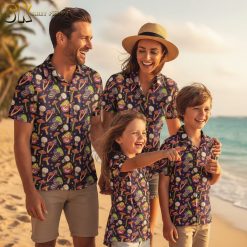 Groovy Hawaiian shirts collection showcasing various color options of psychedelic mushroom pattern designs