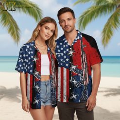 Gun hawaiian shirts displaying rifle imagery with American flag stars and stripes in patriotic red white blue colors
