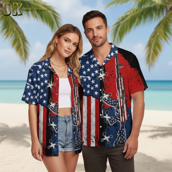 Gun hawaiian shirts displaying rifle imagery with American flag stars and stripes in patriotic red white blue colors
