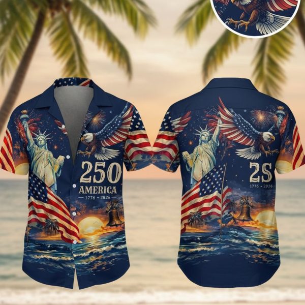 America 250th Anniversary Gun Hawaiian Shirts - Patriotic Eagle Flag Design 1776-2026