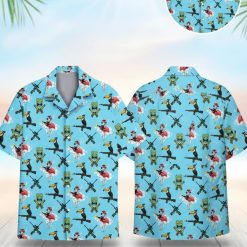 Gun themed Hawaiian shirts featuring flamingos with sunglasses, birds holding guns, and tiki mask patterns