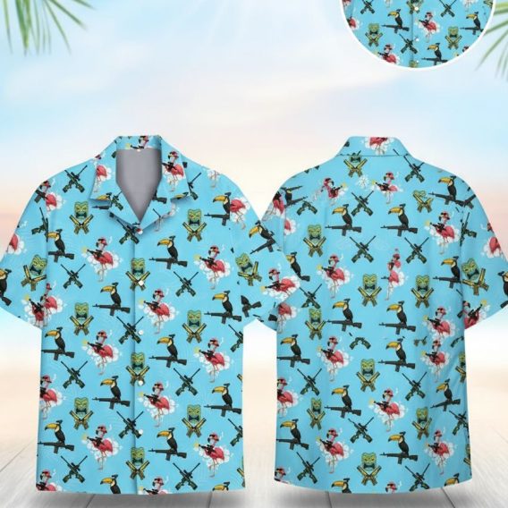 Gun themed Hawaiian shirts featuring flamingos with sunglasses, birds holding guns, and tiki mask patterns