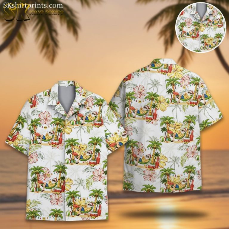 Christmas Santa Tropical Hawaiian Shirt, Hawaii Beach Shirt, Festive Palm Tree Aloha Button Down Summer Shirt