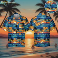 Hawaii beach shirts featuring vibrant sunset colors with palm trees and hibiscus flowers tropical pattern