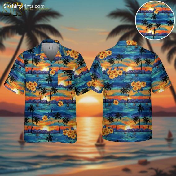 Hawaii beach shirts featuring vibrant sunset colors with palm trees and hibiscus flowers tropical pattern