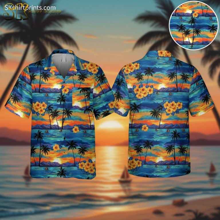 Tropical Sunset Hawaii Beach Shirts for Men – Palm Tree Hibiscus Hawaiian Aloha Button Up Short Sleeve
