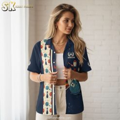 Hawaiian bowling shirt product specifications showing fabric details, sizing chart and care instructions