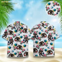 Hawaiian bowling shirts featuring gorillas holding bowling balls with tropical flowers and palm leaves pattern
