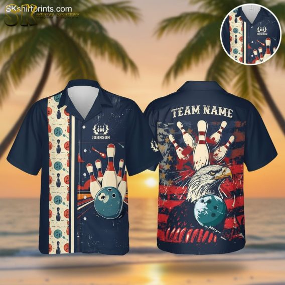 Hawaiian bowling shirts featuring navy blue background with red white eagle design, bowling pins and balls pattern