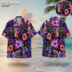 Hawaiian bowling shirts featuring neon cats with sunglasses and bowling pins design