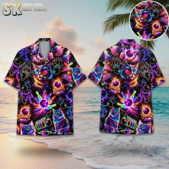 Hawaiian bowling shirts featuring neon cats with sunglasses and bowling pins design
