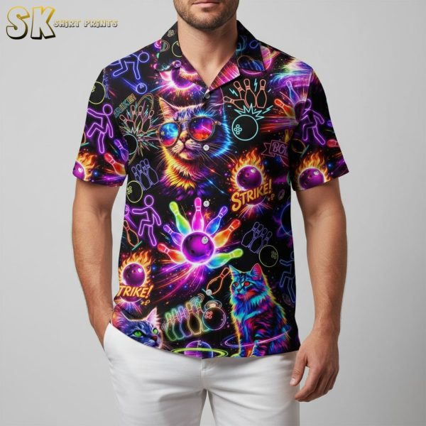 Neon Cat Bowling Hawaiian Shirt - Retro Strike Print Button Down Shirt for Men Short Sleeve Summer