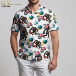 Hawaiian bowling tropical shirt with gorilla bowling theme and tropical elements for casual wear