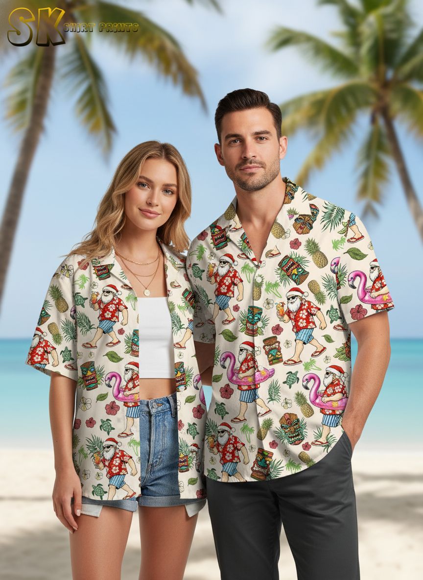 Hawaiian Christmas shirt for men showing flamingos, tiki masks, and hibiscus flowers with Santa elements