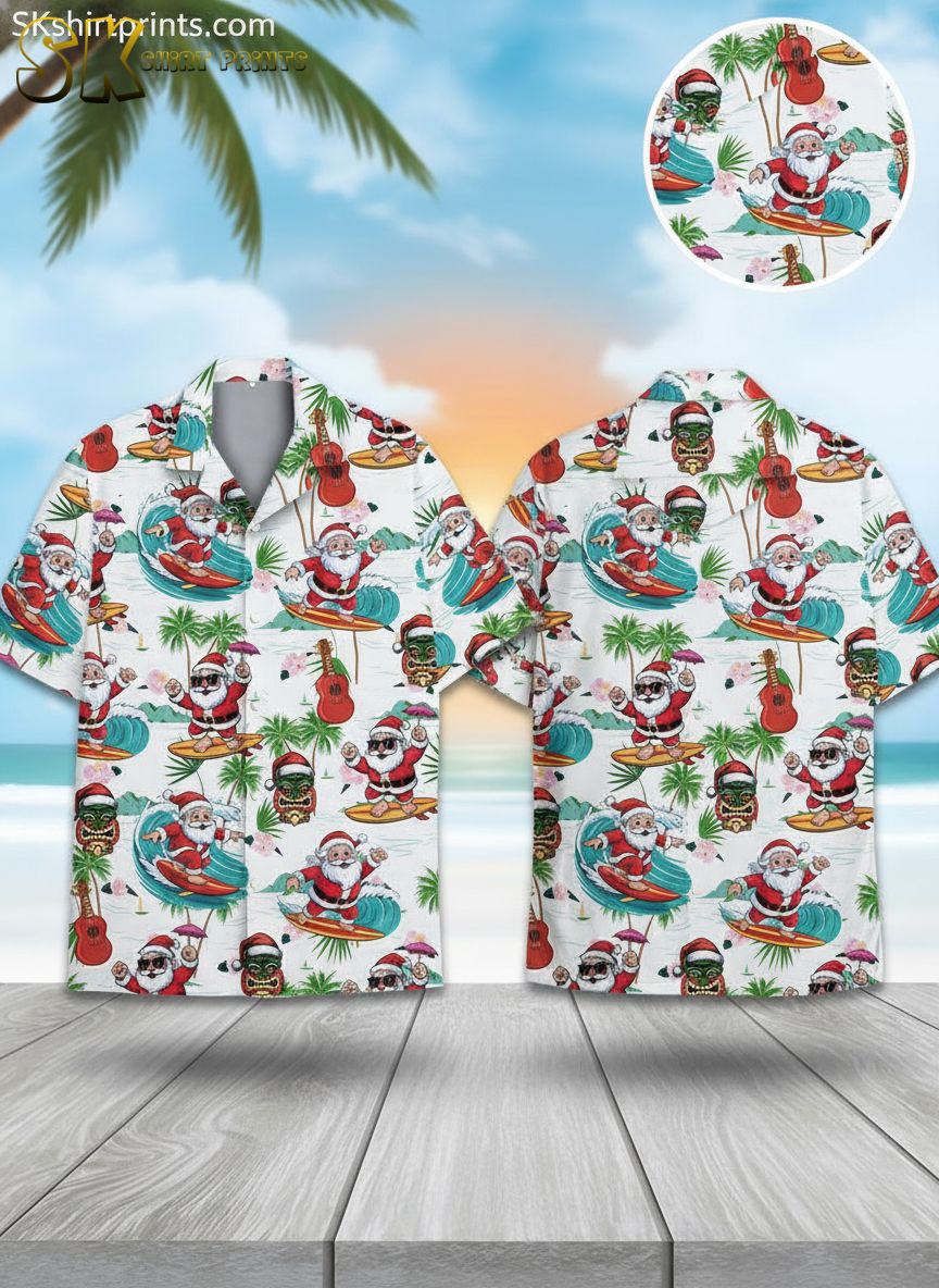 Hawaiian Christmas shirt for men featuring surfing Santa, palm trees, tiki masks and hibiscus flowers