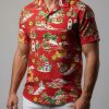 Hawaiian christmas shirt mens style with tropical Santa design, palm trees, and holiday characters on red background
