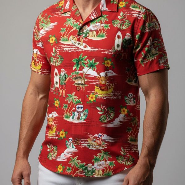 Santa Surfing Mens Christmas Hawaiian Shirt - Tropical Holiday Print with Reindeer and Palm Trees