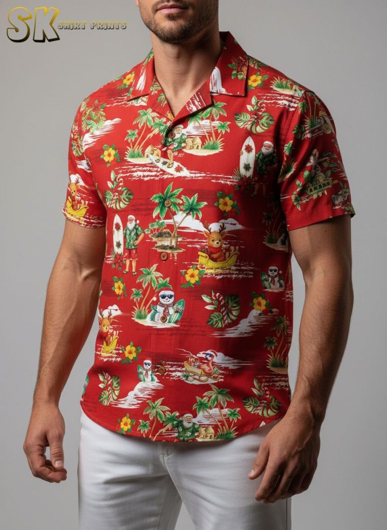 Santa Surfing Mens Christmas Hawaiian Shirt – Tropical Holiday Print with Reindeer and Palm Trees