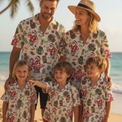 Hawaiian Christmas shirt for women featuring Santa, hibiscus flowers, and tropical elements in vibrant colors