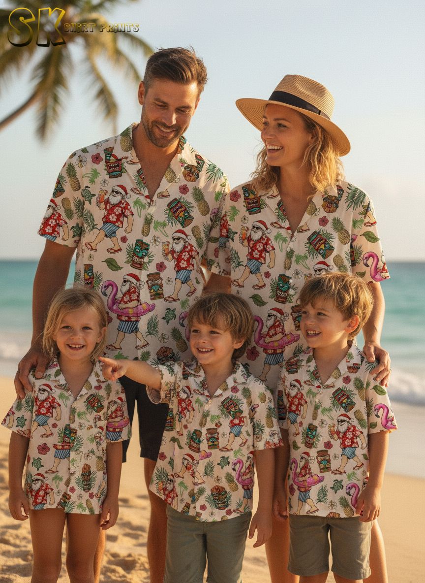 Hawaiian Christmas shirt for women featuring Santa, hibiscus flowers, and tropical elements in vibrant colors