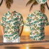 Hawaiian Christmas shirt womens featuring Santa Claus surfing with palm trees and Christmas presents pattern