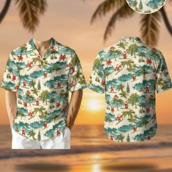 Hawaiian Christmas shirt womens featuring Santa Claus surfing with palm trees and Christmas presents pattern