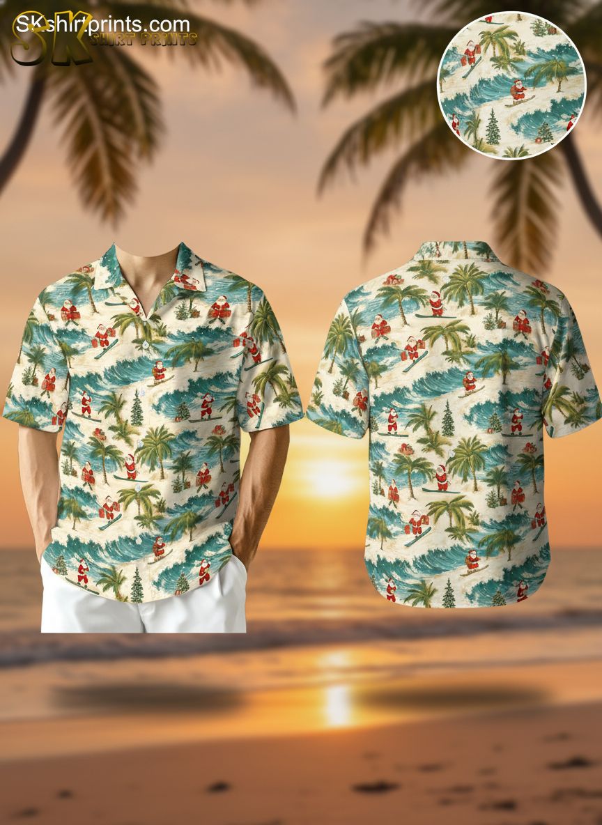Hawaiian Christmas shirt womens featuring Santa Claus surfing with palm trees and Christmas presents pattern